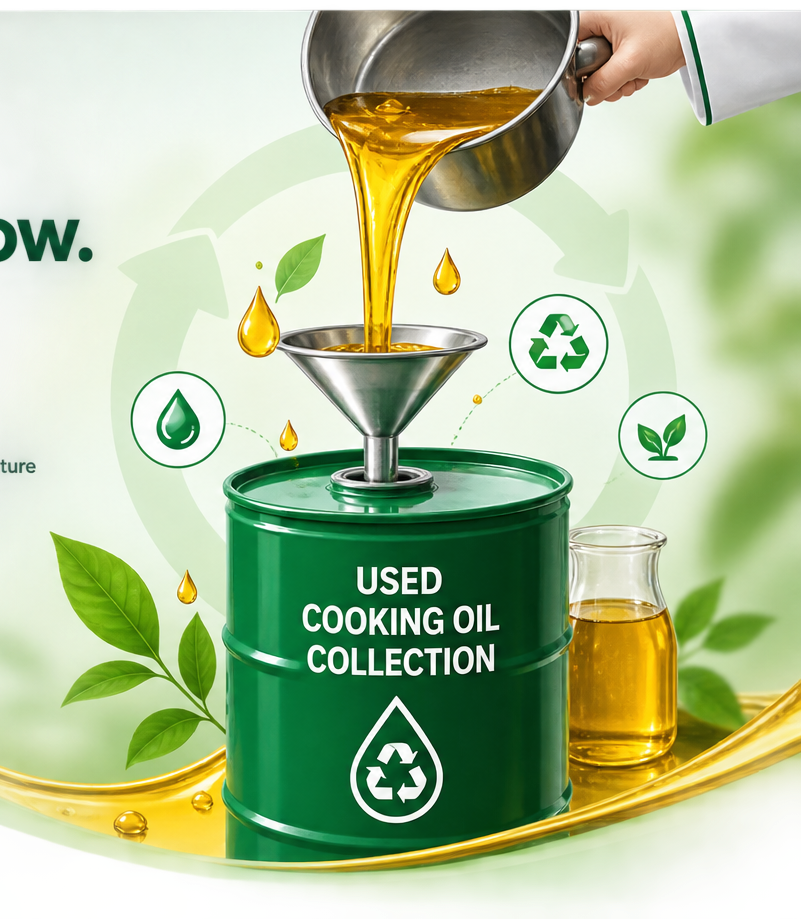 Used cooking oil being collected into a recycling drum
